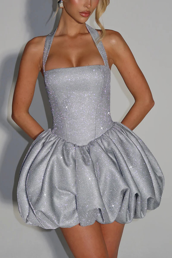 Araminta Glitter Fabric Square Halter Tie Neck Back Lace-up Fluffy Bubble Mini Dress-consonak