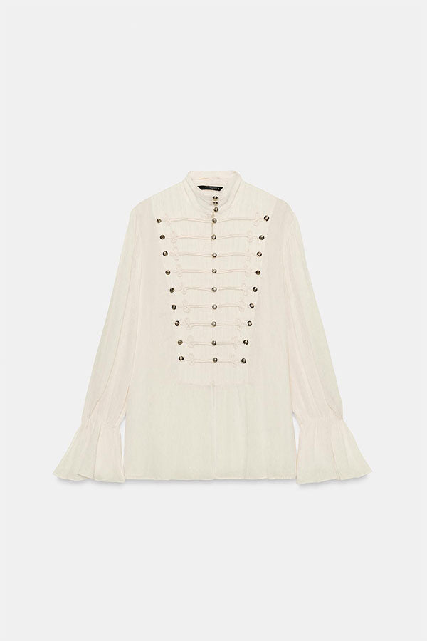 French Romantic Metal Button-down Pleated Ruffle Sleeve Napoleon Shirt-Consonak