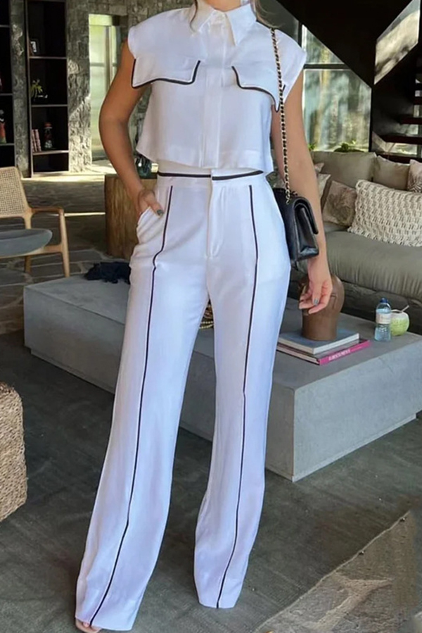 Stylish Lapel Crop Top and Loose Pocket Pants Set-consonak
