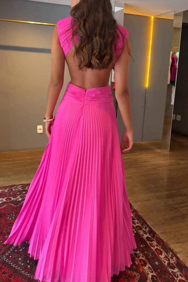 Tamia Pleated Chiffon Fabric Crossover Cutout Waist Open Back Maxi Dress-consonak