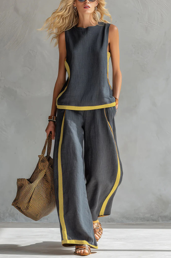 Linen Blend Color-blocked Round Neck Sleeveless Loose Top and Elastic Waist Casual Pocket Wide-leg Pants Set