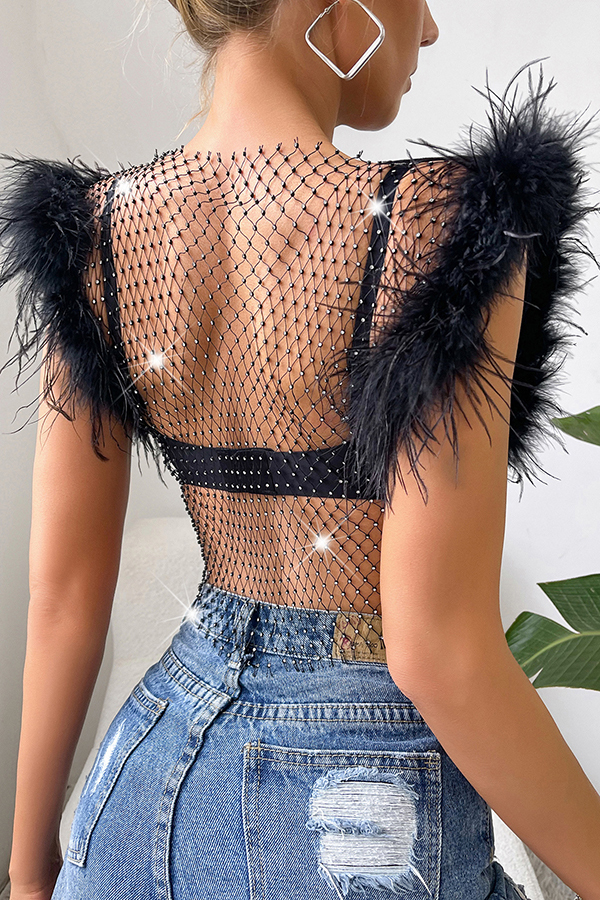 Sexy Ostrich Feather Rhinestone Fishnet Slim Fit Top-consonak