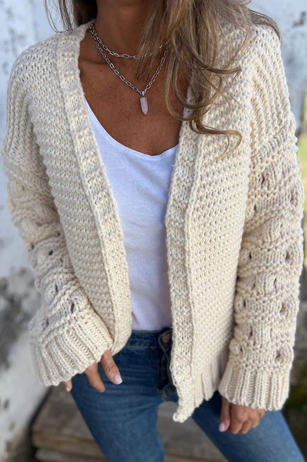 Fashion Knit Solid Color V-neck Long-sleeved Cardigan-consonak
