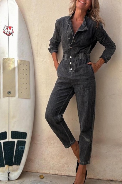 Carey Denim Button Up Long Sleeve Elastic Waist Pocketed Loose Jumpsuit-consonak