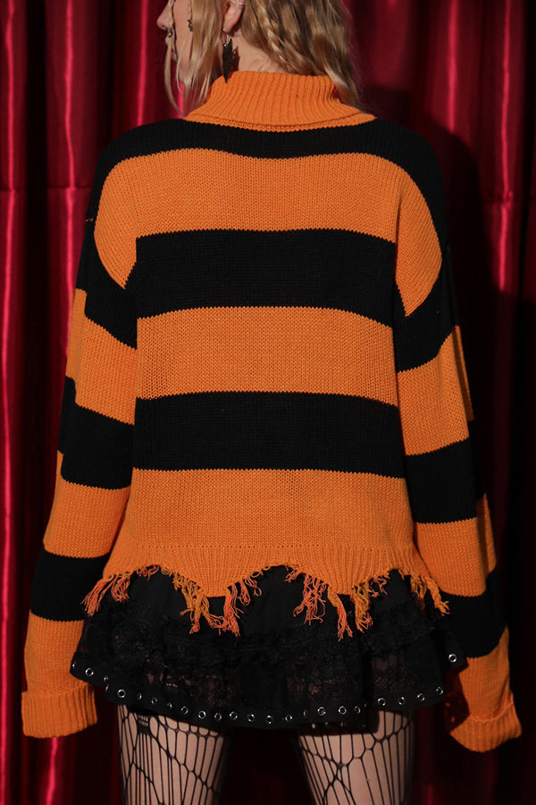 Halloween Bat Embroidered Turtleneck Loose Striped Knitted Sweater-consonak