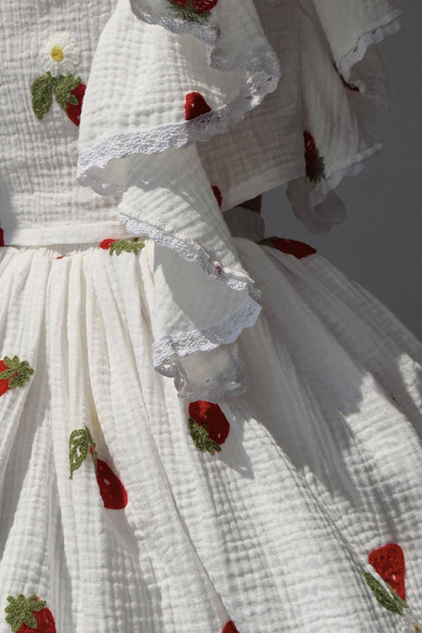 Ranier Cotton Linen Blend Strawberry Print Ruffle Blouse and Elastic Waist Mini Skirt Set-consonak