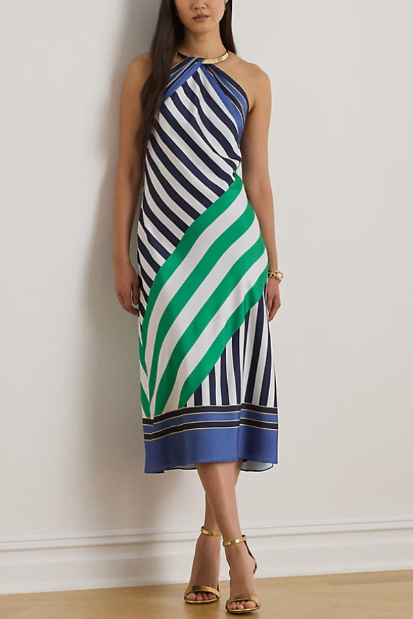 Striped Print Halter Neck Sleeveless Casual Midi Dress