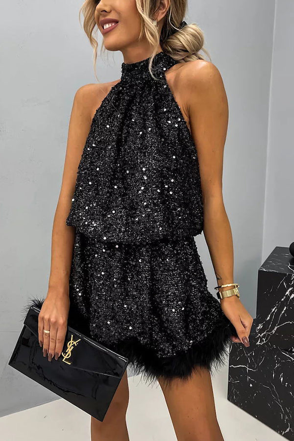 It's Time To Dance Sequin Feather Trim Halter Babydoll Mini Dress | Consonak