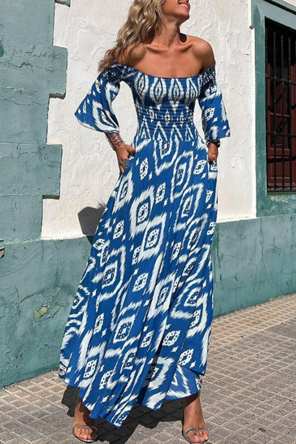 Street vacation style ethnic print off shoulder pocket long skirt-consonak