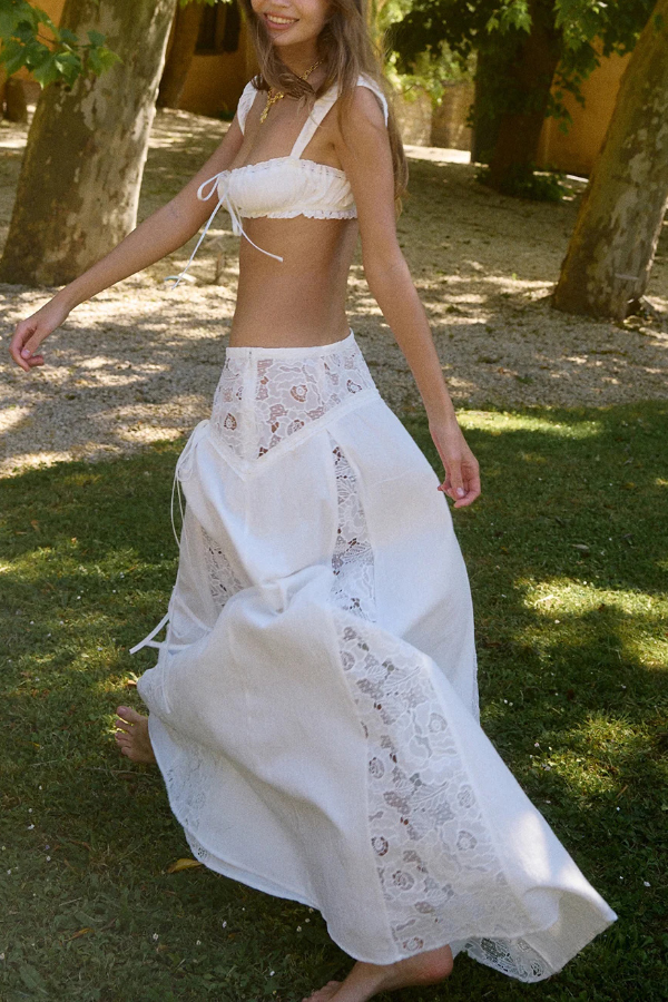 Solid Color Pleated Tie-front Top and Elegant Patchwork Lace Openwork Maxi Skirt Set-consonak