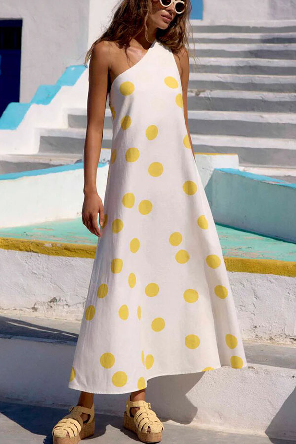 Sunlight Shines Linen Blend Colorblock Polka Dot Print One Shoulder A-line Maxi Dress-consonak