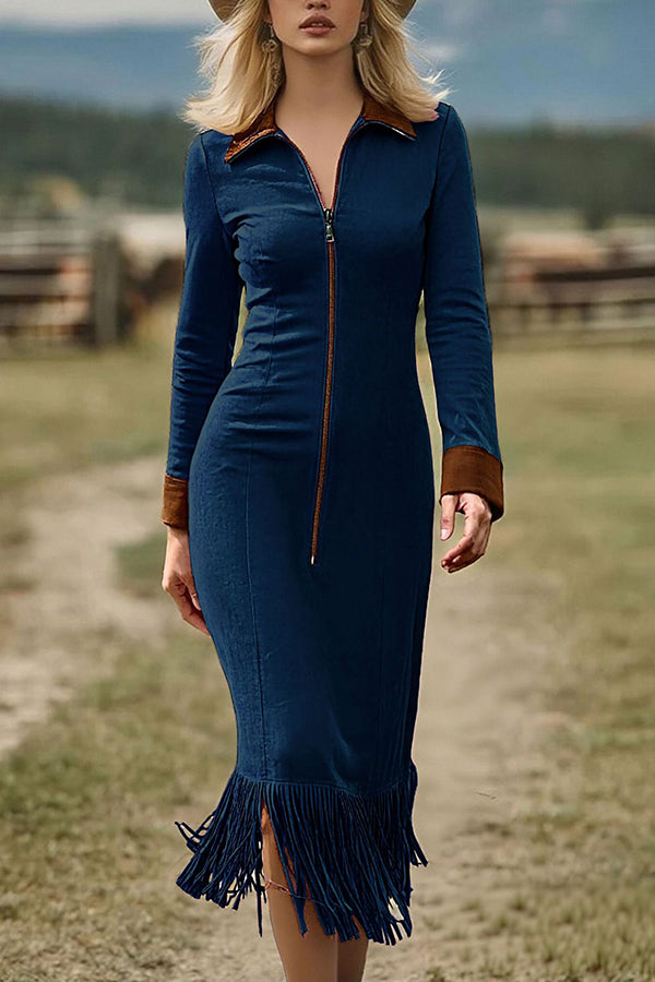 Stylish Suede Zipper Long-sleeved Fringed Hem Slim-fit Midi Dress-consonak
