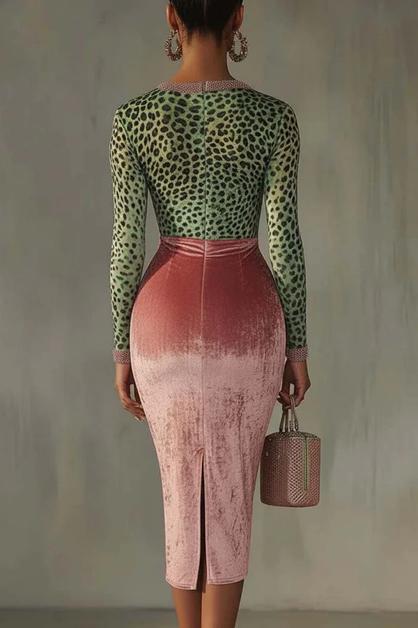 Fashionable Velvet Patchwork Stretch Slim Midi Dress-consonak