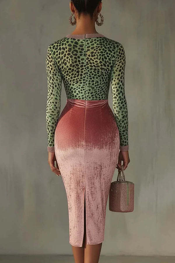 Fashionable Velvet Patchwork Stretch Slim Midi Dress-consonak