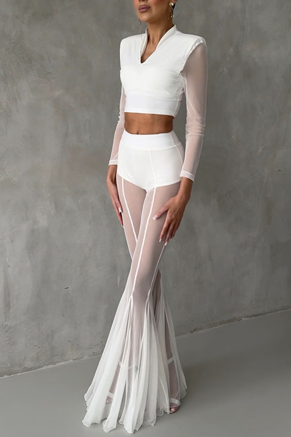 Deep Chic Mesh High Rise Elastic Waist Fishtail Stretch Pants-consonak