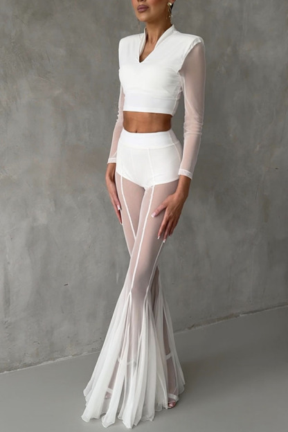 Deep Chic Mesh High Rise Elastic Waist Fishtail Stretch Pants-consonak