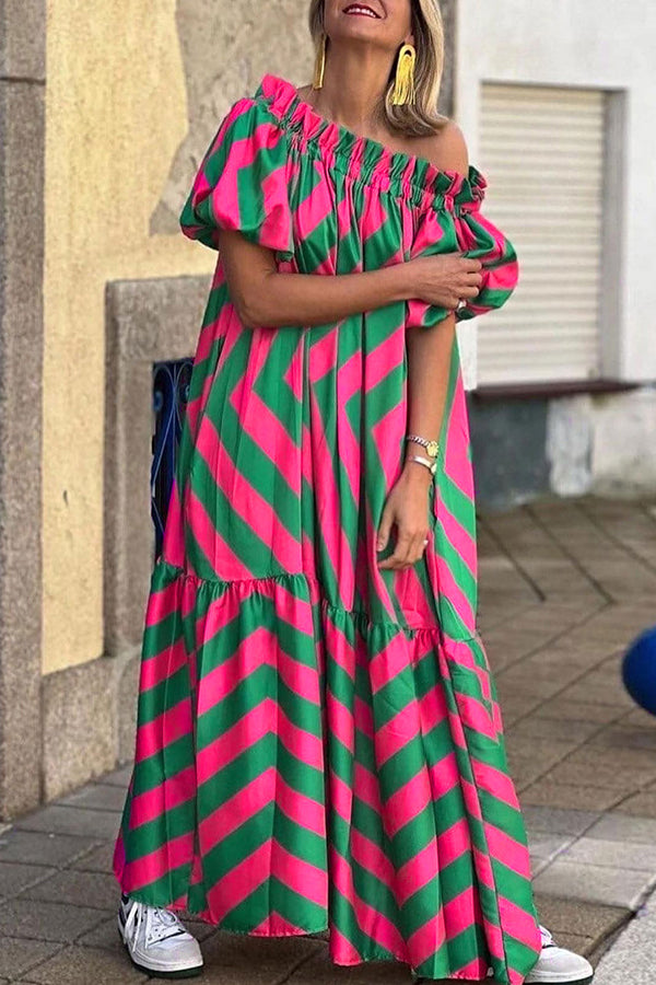 Exquisite Striped Patchwork Bell Sleeve Pocket Maxi Dress-consonak