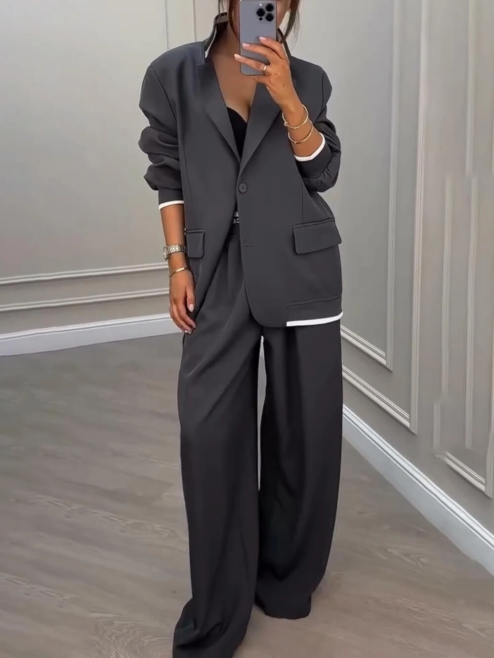 Fashion Sports Style Ribbed Colorblock Lapel Blazer and Elastic Waist Pocket Loose Pants Set-consonak