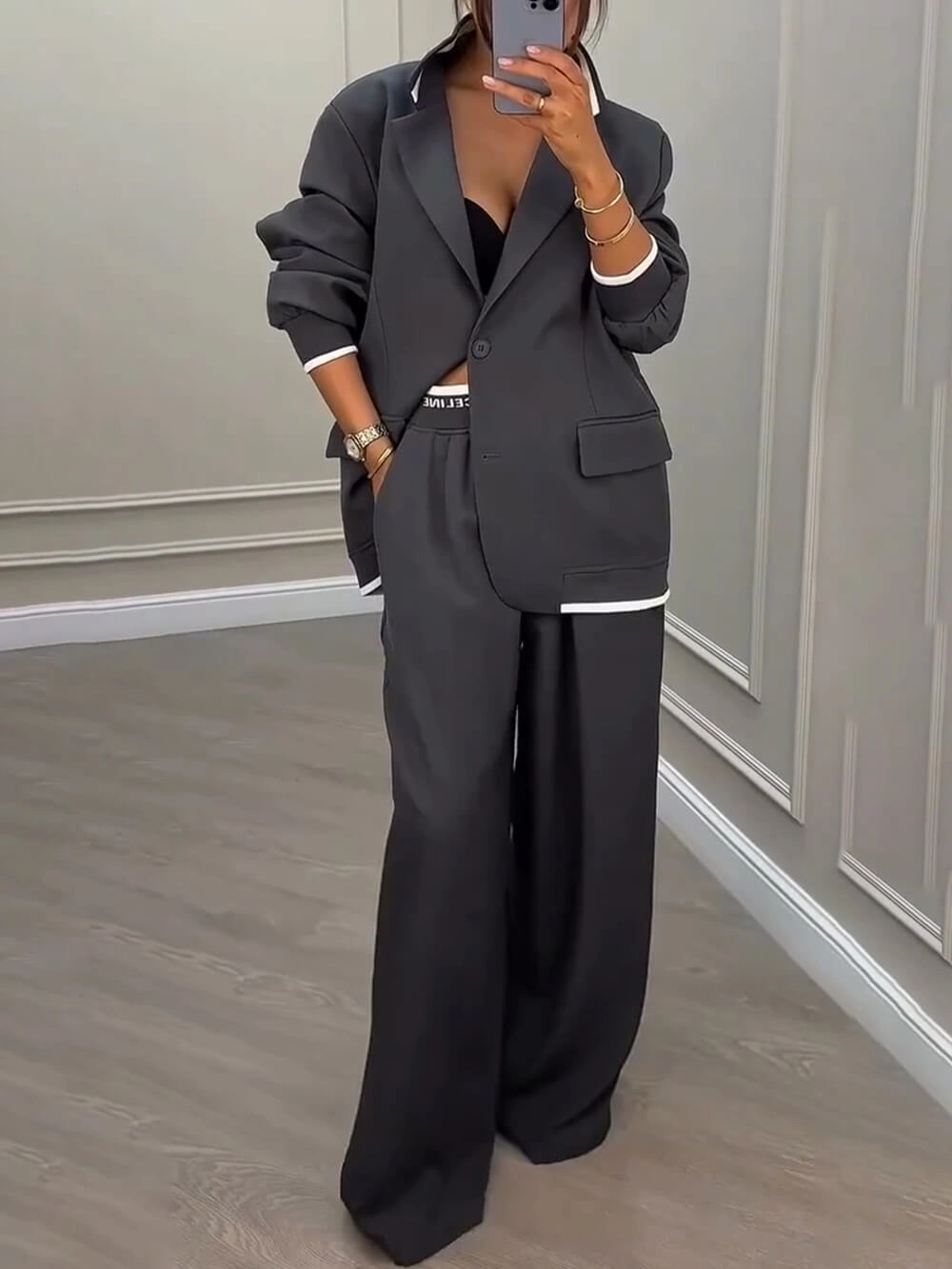 Fashion Sports Style Ribbed Colorblock Lapel Blazer and Elastic Waist Pocket Loose Pants Set-Consonak