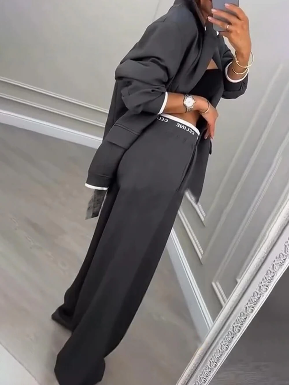 Fashion Sports Style Ribbed Colorblock Lapel Blazer and Elastic Waist Pocket Loose Pants Set-consonak