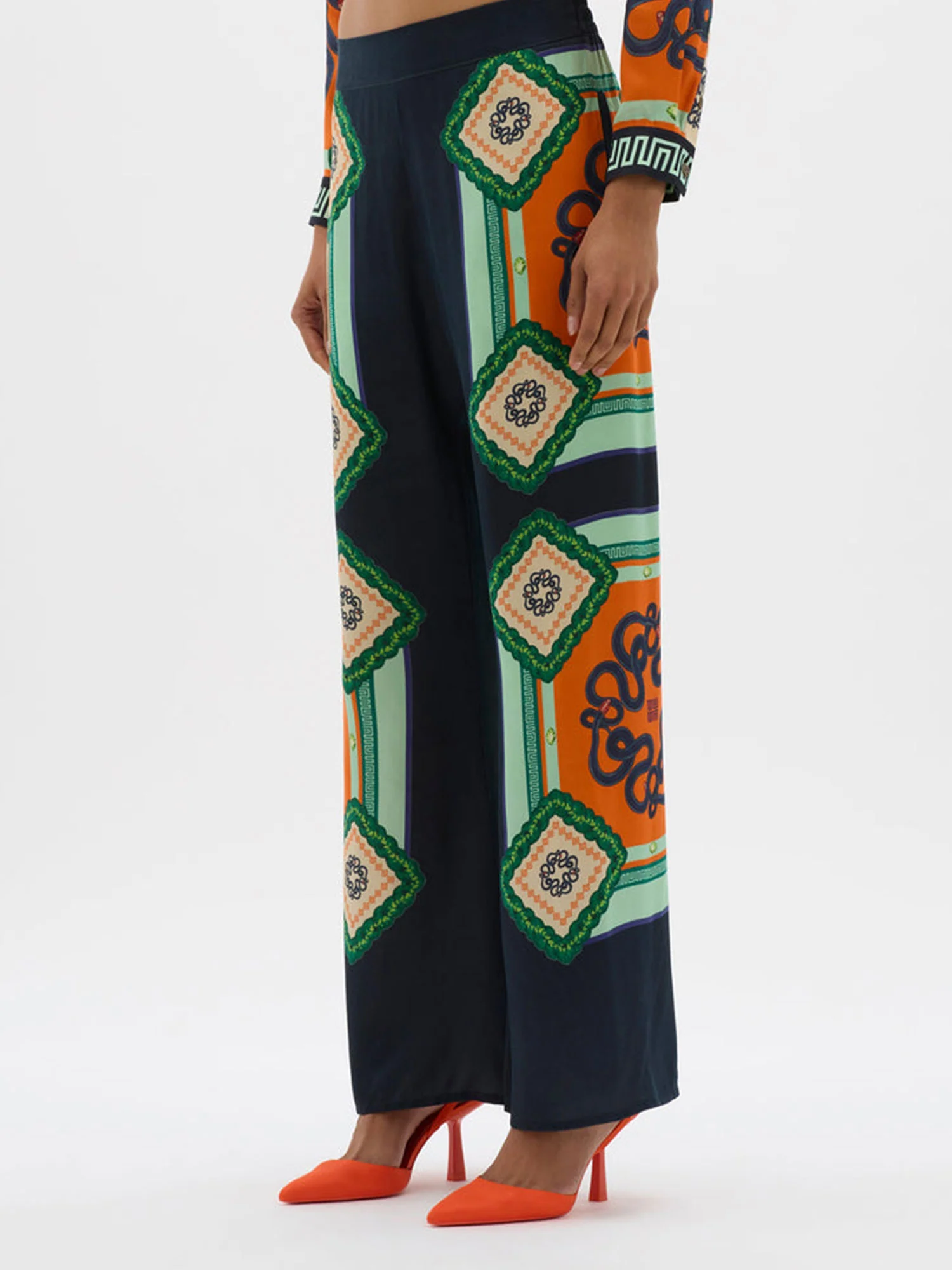 Vacation Times Satin Unique Print Elastic Waist Pocketed Wide Leg Pants-consonak