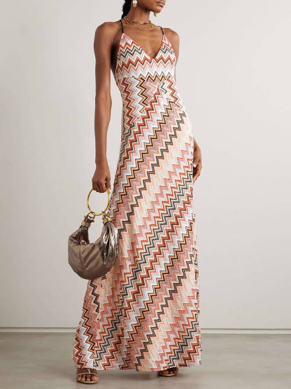 Colorful Zigzag Pattern Elegant Sling Backless Maxi Dress-consonak