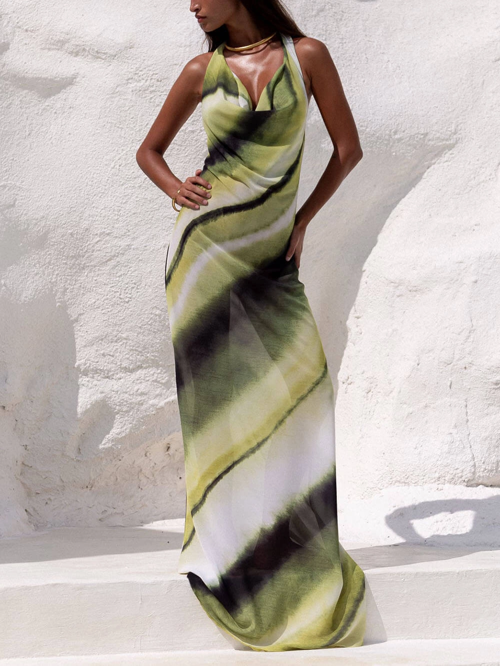 Misha Printed Cowl Neck Halter Tie-up Vacation Maxi Dress-consonak