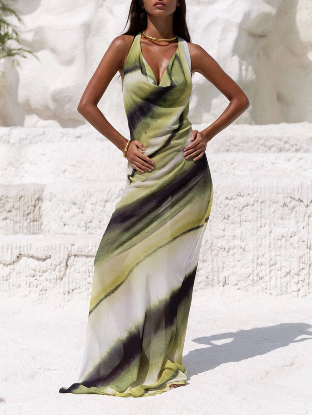 Misha Printed Cowl Neck Halter Tie-up Vacation Maxi Dress-consonak