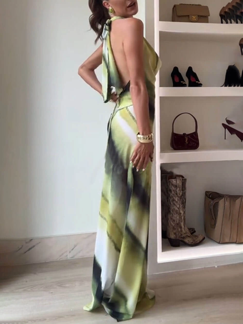 Misha Printed Cowl Neck Halter Tie-up Vacation Maxi Dress-consonak