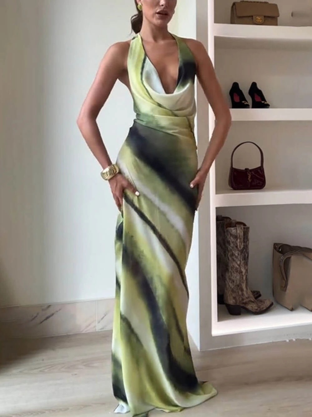 Misha Printed Cowl Neck Halter Tie-up Vacation Maxi Dress-consonak