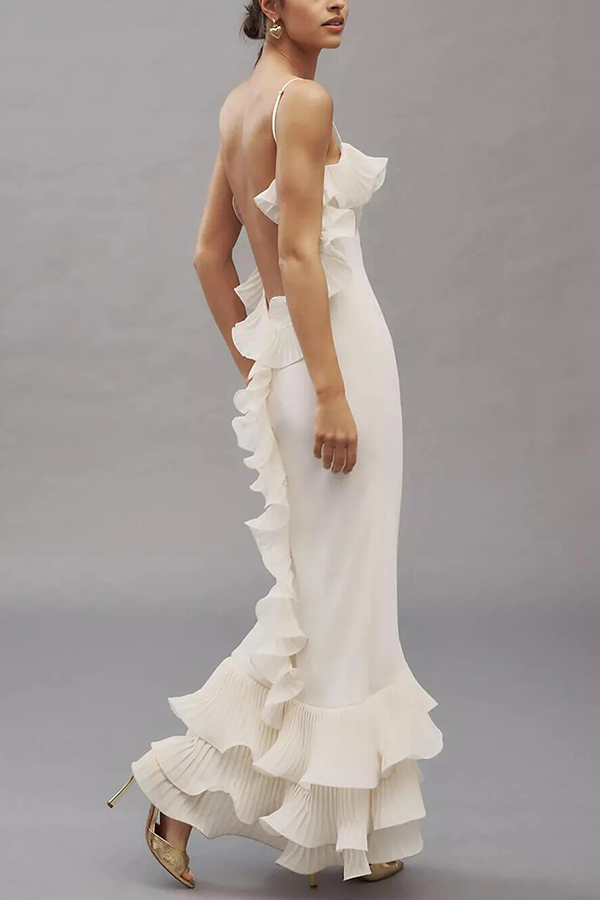 Alisin Pleated Chiffon Wavy Ruffles Trim Slip Maxi Dress-consonak