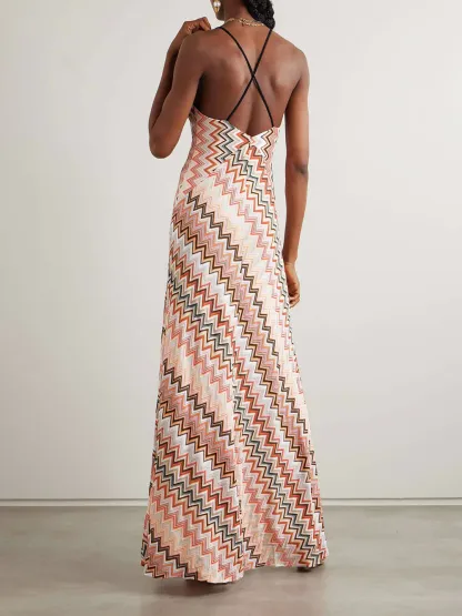 Colorful Zigzag Pattern Elegant Sling Backless Maxi Dress-consonak