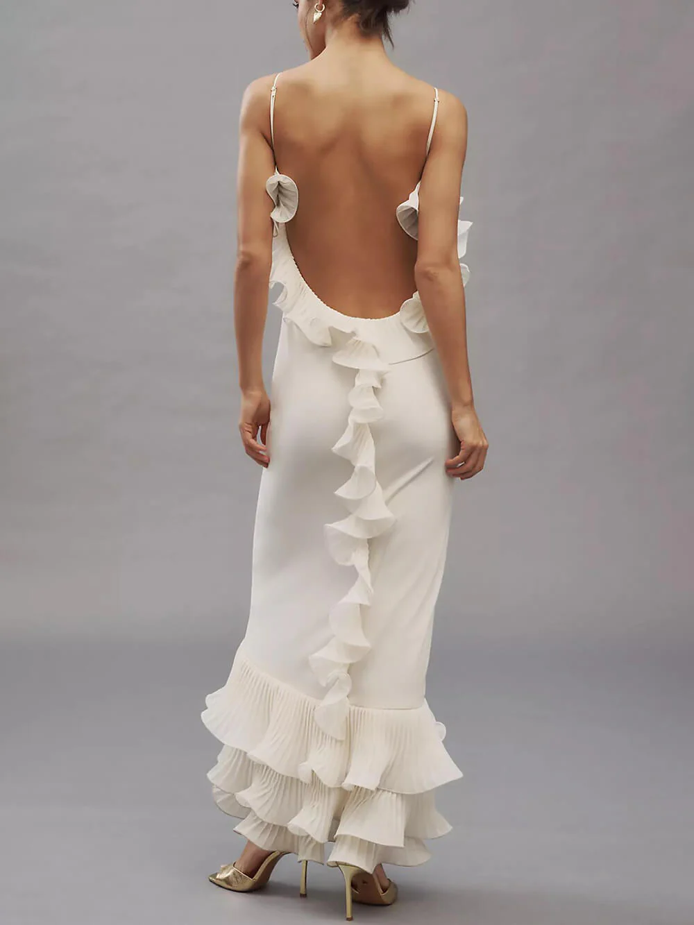 Alisin Pleated Chiffon Wavy Ruffles Trim Slip Maxi Dress-consonak