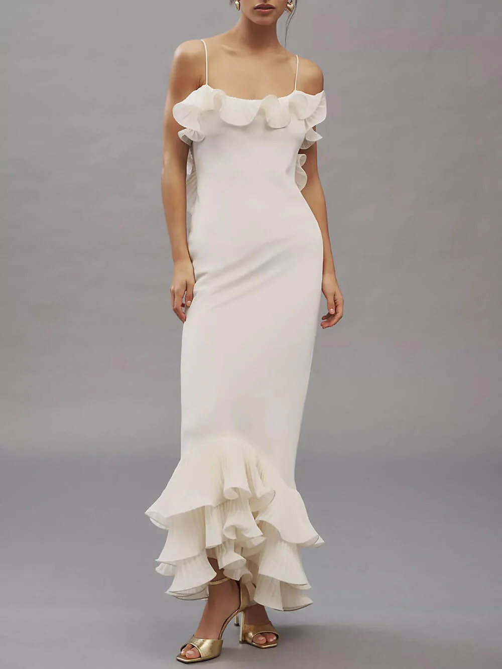 Alisin Pleated Chiffon Wavy Ruffles Trim Slip Maxi Dress-consonak