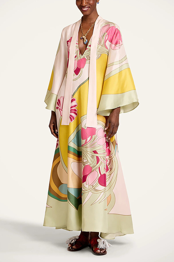 Darla Satin Colorful Baroque Style Printed Tie-up Neck Bell Sleeve Maxi Dress-Consonak