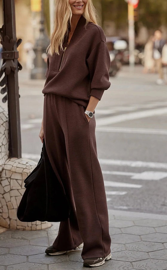 Meet The Autumn Ribbed Zipper Neck Sweatshirt and Elastic Waist Pocketed Loose Pants Set | Consonak