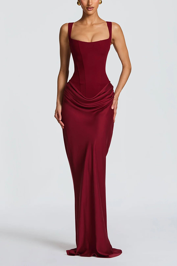 Larrah Square Neck Back Lace-up Satin Drape Hem Maxi Dress | Consonak