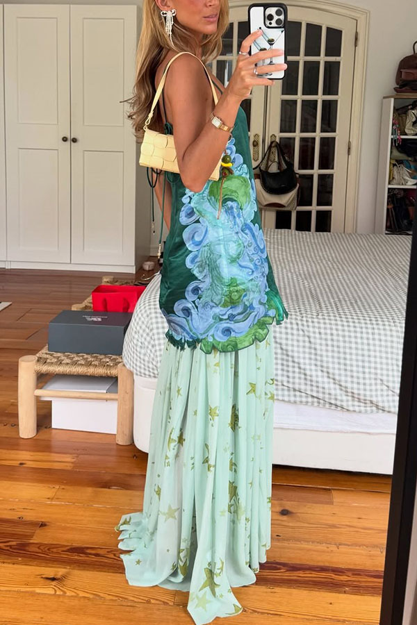 Fresh Bloom Unique Print Satin and Pleated Tulle Hem Slip Maxi Dress