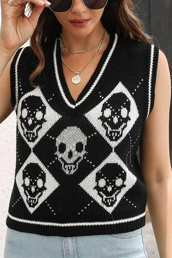 Halloween Skull Argyle Knit Sweater Vest-Consonak