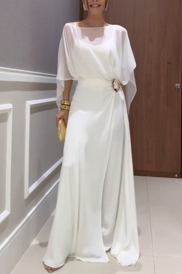 Vivian Chiffon Cape Top and  Metal Buckle Wrap Wide-Leg Pants Set