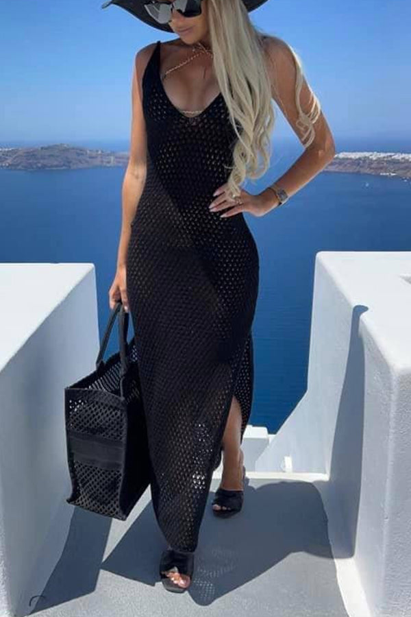 Free Spirited Hollow Out Knit Slit Cover-up Dress-consonak