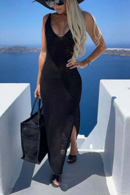 Free Spirited Hollow Out Knit Slit Cover-up Dress-consonak