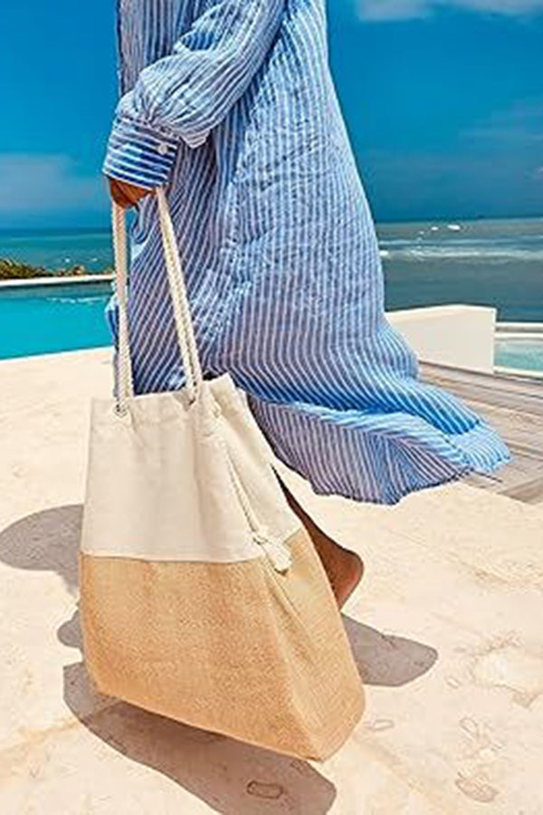 Linen Blend Contrast Patchwork Beach Bag | Consonak