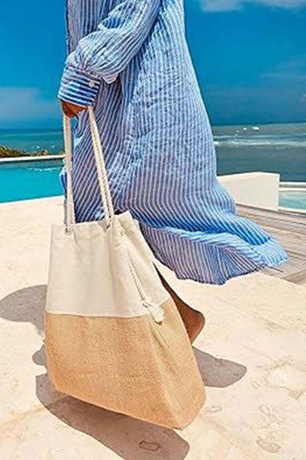 Linen Blend Contrast Patchwork Beach Bag-consonak
