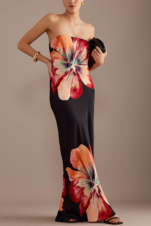 Charming ladies strapless waist cinching satin printed lace up loose long dress | Consonak