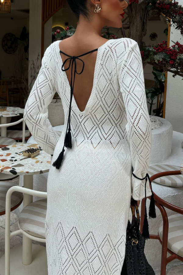 Solid Color Long-sleeved Tie Slim-fit Knit Openwork Cover-up Maxi Dress-consonak