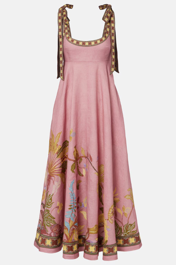 Linen Blend Unique Printed Tie-up Suspenders Pocket Elegant  Vacation Maxi Dress