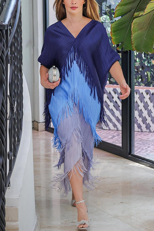 Fashionable Color-blocked Multi-layered Tassel Loose Midi Dress-consonak