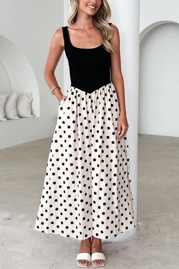 Black and White Color-blocked Polka Dot Print Sleeveless Casual Pocket Maxi Dress
