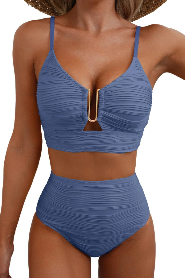 Solid Color V-neck Hollowed-out Pleated High Waist Stretch Two-Piece Bikini Swimsuit | Consonak